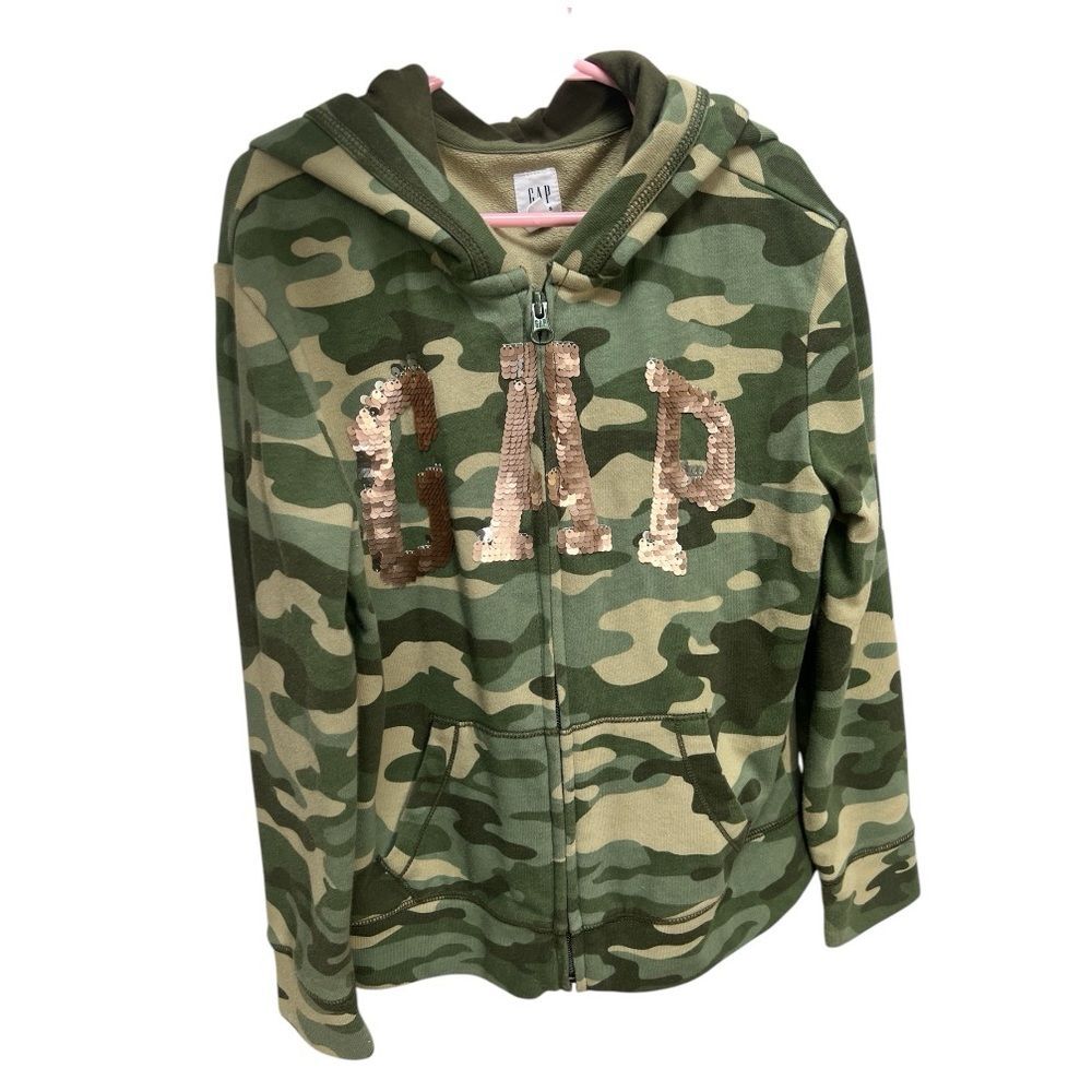 GAP Green Camo Hoodie with Gold Sequins M